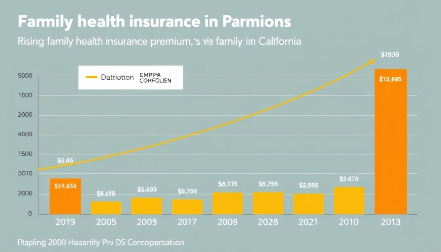 Bar chart showing health insurance premiums rising in California, from 2008 to 2023, employee and employer shares.