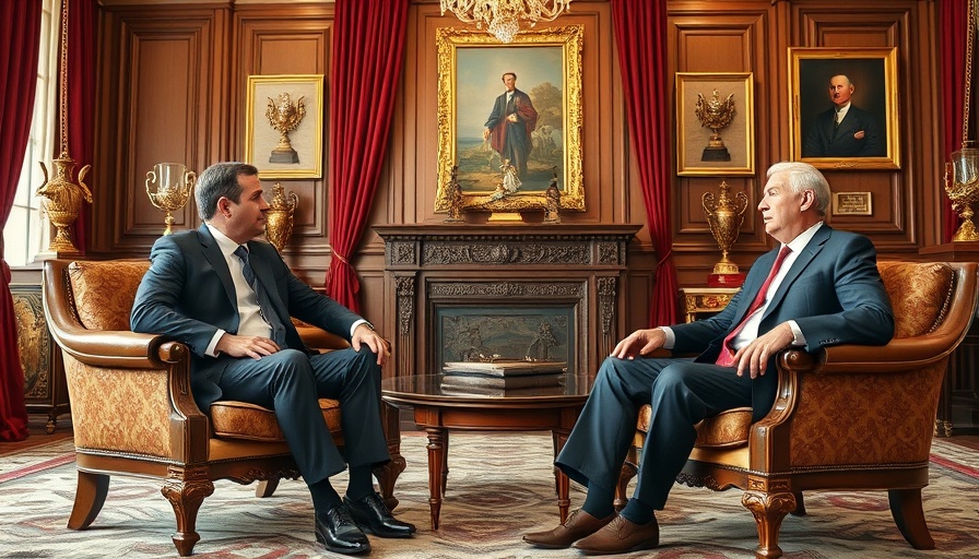 Leaders in office discussing with ornate background.