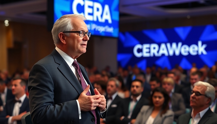Speaker discussing fossil fuels policies at CERAWeek conference.