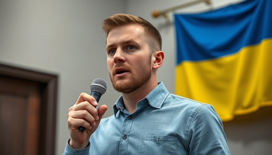Man speaking at Ukrainian event with flag, discussing U.S. pressure on Ukraine elections.