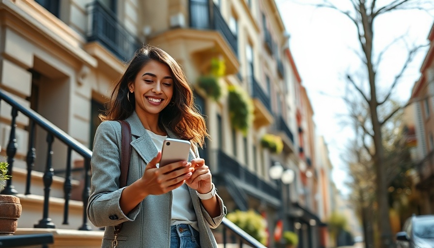 Woman preparing for mortgage application on phone outside her home.