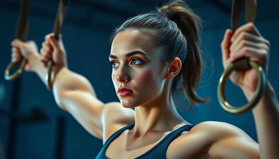 Focused athletic woman exercising in gym, promoting muscle recovery.