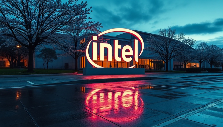 Intel sign glowing in wet evening landscape with trees reflecting lights.