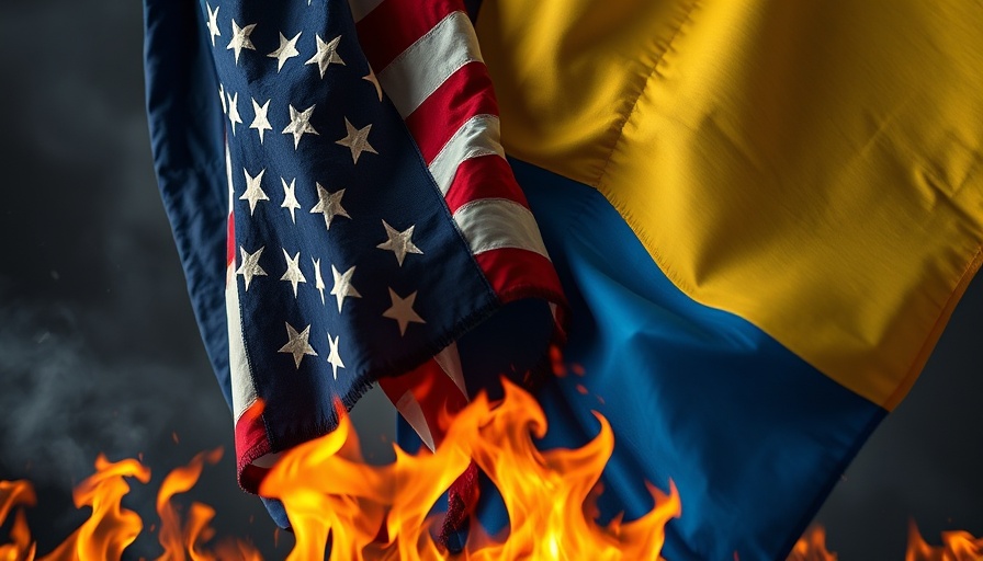 Intertwined American and Ukrainian flags with flames, symbolizing tension.