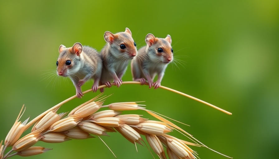 Three field mice showing first responder behavior on wheat.