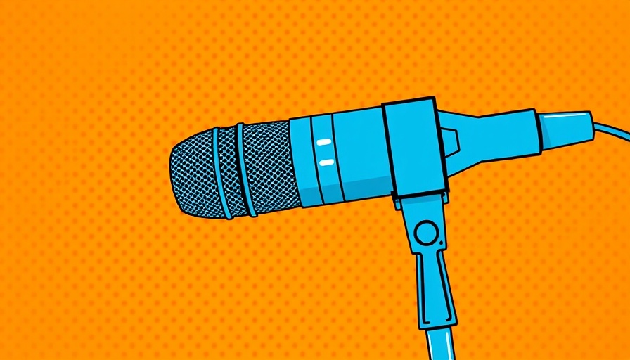 Pop art style blue microphone on orange dotted background.