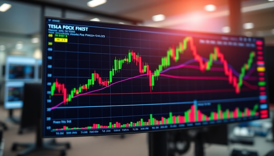 Tesla stock options market analysis on a digital screen in an office.