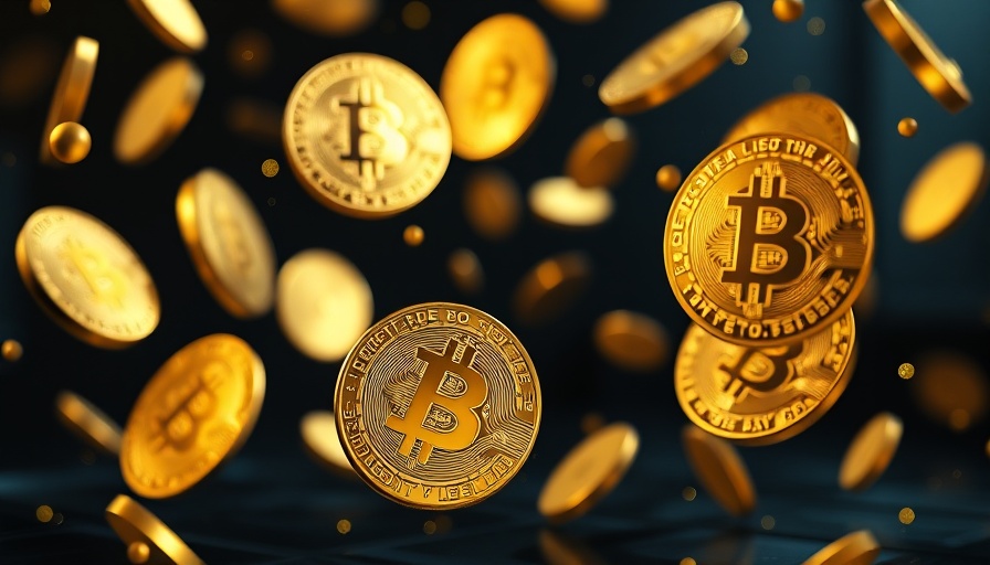 3D depiction of bitcoin coins in a futuristic setting.
