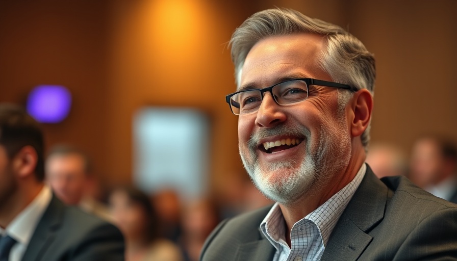 Smiling man speaking at a conference, warm lighting.