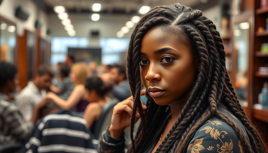 Focused stylist braiding hair in busy salon amid customers.