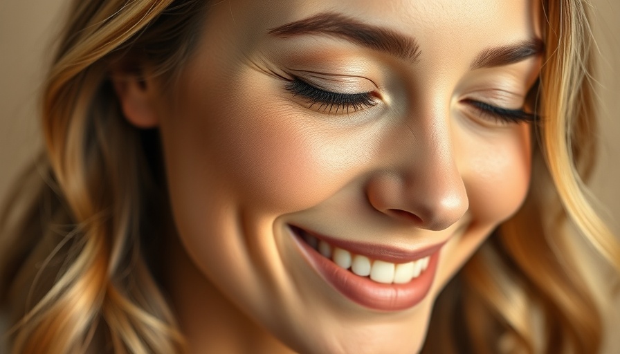 Close-up portrait of woman with glowing skin on beige background.