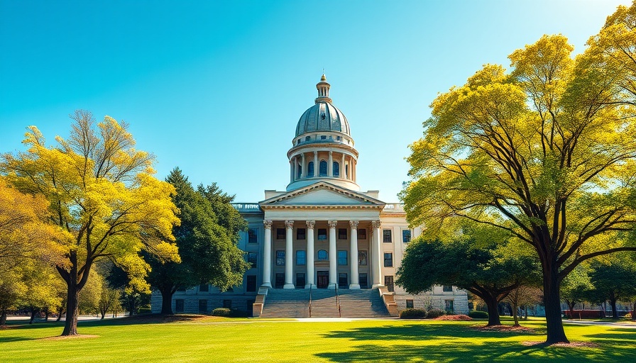 Nevada State Capitol building surrounded by lush greenery, clear sky.
