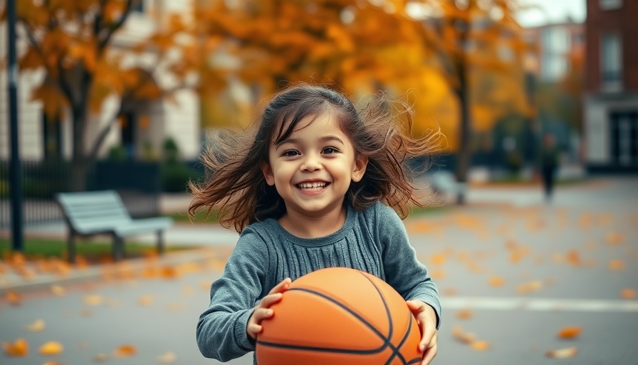 Cheerful child playing basketball outdoors.