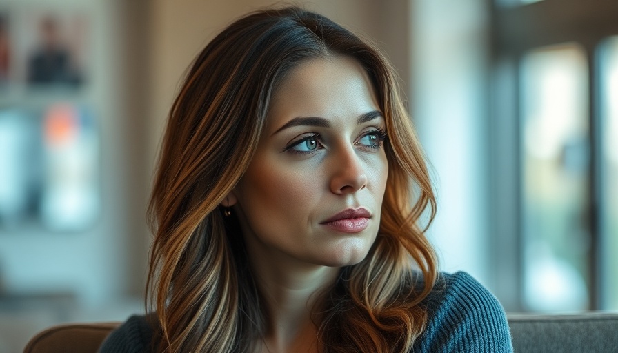 Pixelated portrait of woman contemplating indoors with blue and pink tones.