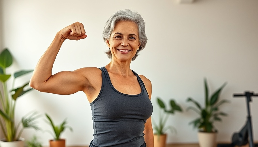 Fit older woman flexing bicep in home gym, age-related muscle loss concept