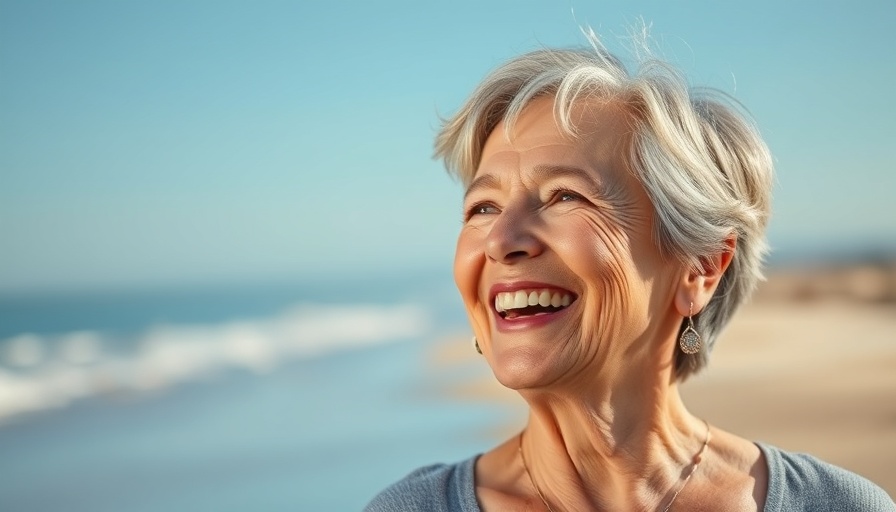 Smiling older woman on beach promoting skin aging routine without harsh products.