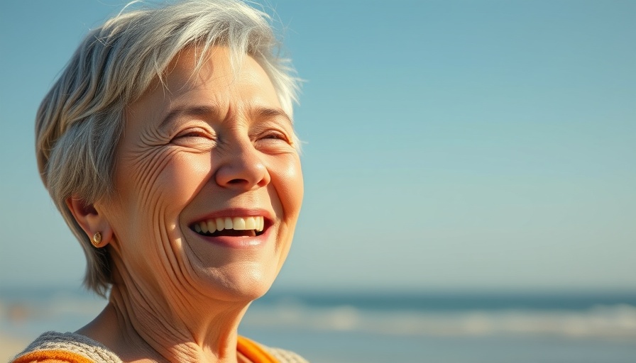 Smiling older woman embracing sunlight, supporting skin aging naturally.
