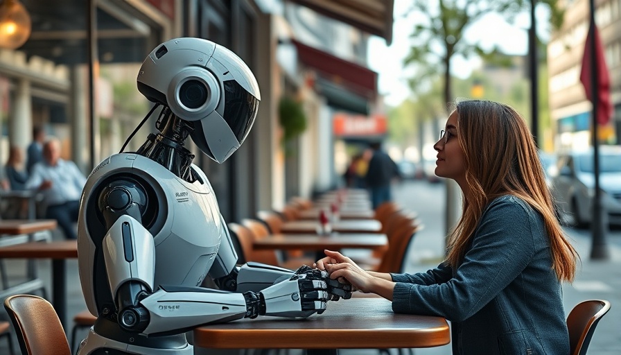 Best AI at being human: humanoid robot and woman conversing in a cafe.