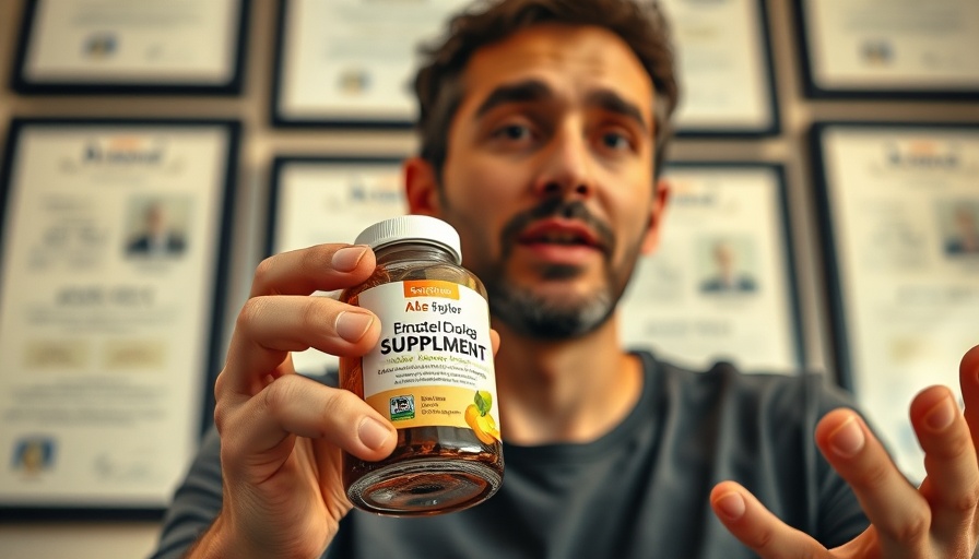 Person holding supplement bottle, discussing microbiotic formula, indoor setting.