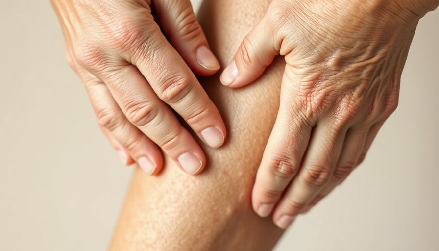 Close-up of hand on crepey leg skin, crepey skin treatment focus.