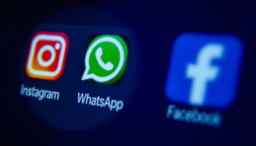 Blurred Meta logo with social media icons symbolizing corporate misconduct.