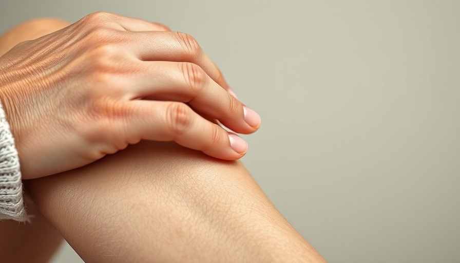 Hand touching crepey skin on leg, treatment concept.