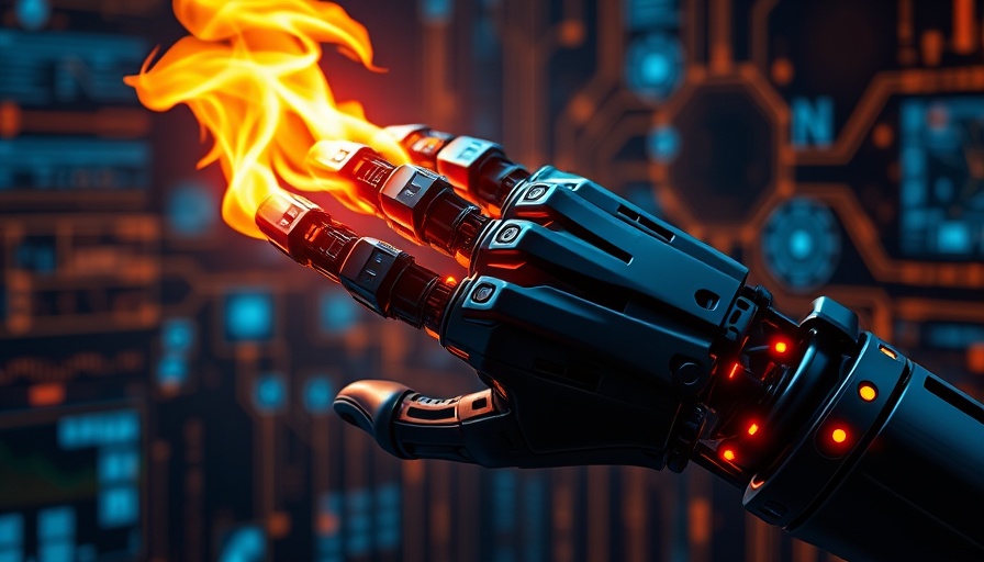 Futuristic robotic hand with flame in digital AI environment.