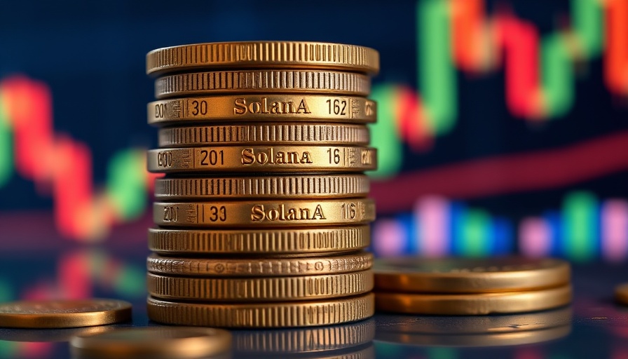 Stacked Solana coins with financial chart, Solana futures block trade.