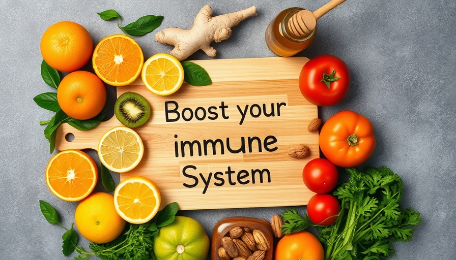 Holistic Immune Support Remedies; healthy foods around wooden board.