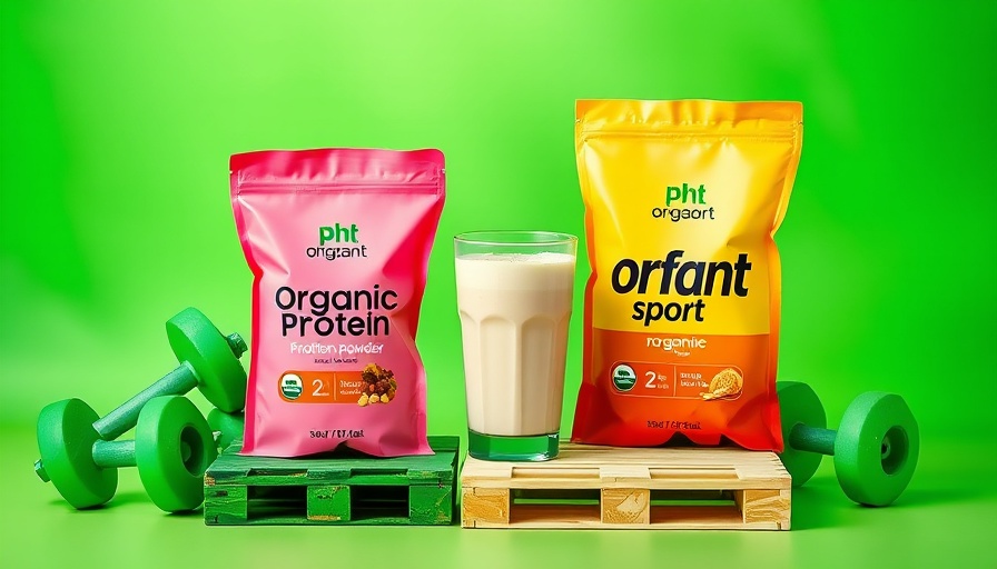 High-quality plant protein bags with shaker and green dumbbells on vibrant green background.