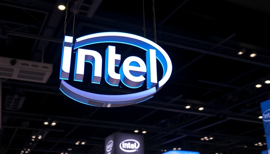 Intel logo sign with modern typography and lighting at convention.