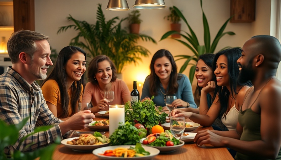 Friends enjoying vegan dinner; improves sleep quality, vibrant social atmosphere.