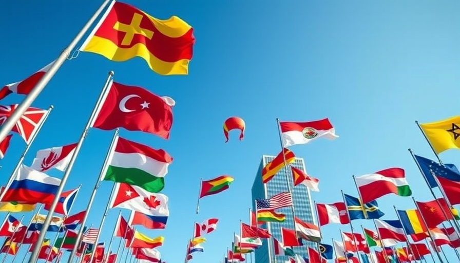 International flags outside UN building, clear sky.