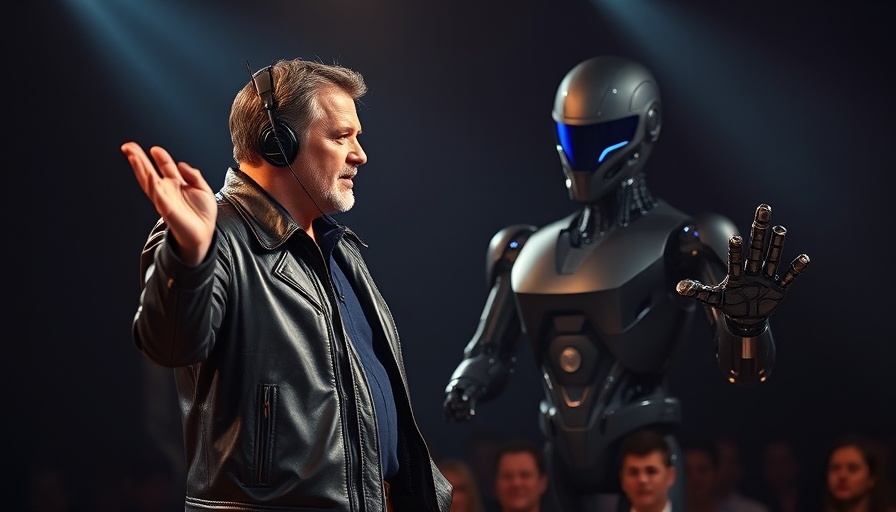 Man and robot presenting on stage with dark background.