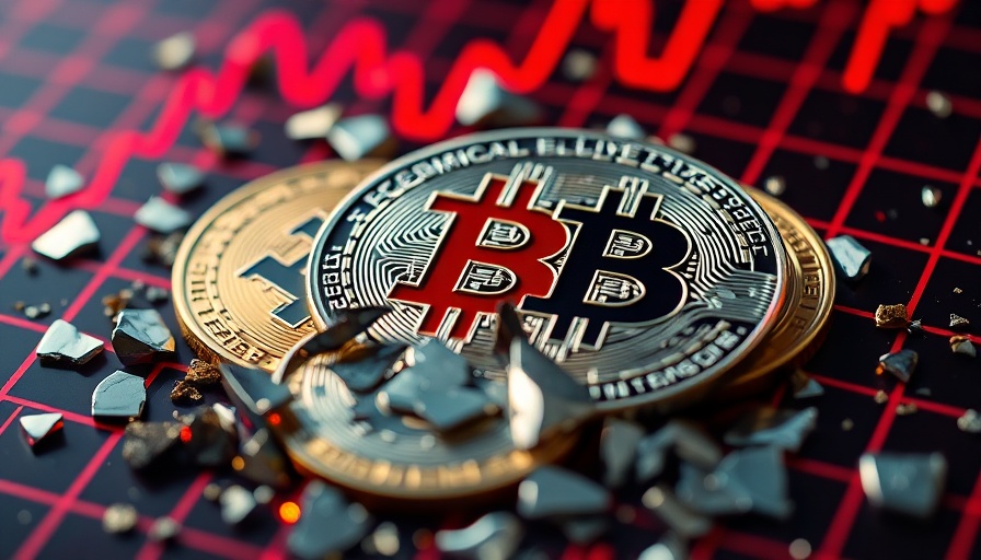 Bitcoin coins cracked on red graphs indicating liquidity crisis.