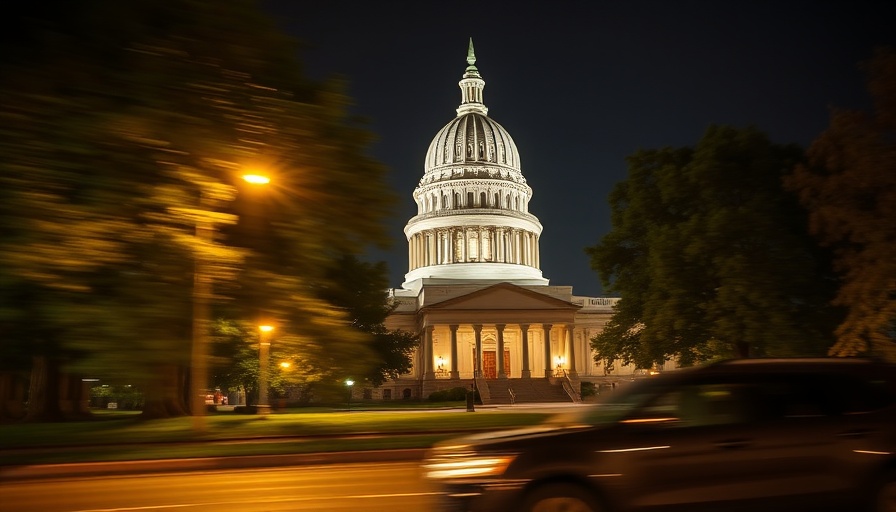 Indiana State Capitol building at night with passing car, symbolizing Indiana hospital monopolies.