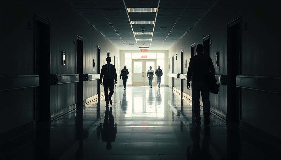 Dimly lit hospital hallway with silhouettes towards exit in care center.