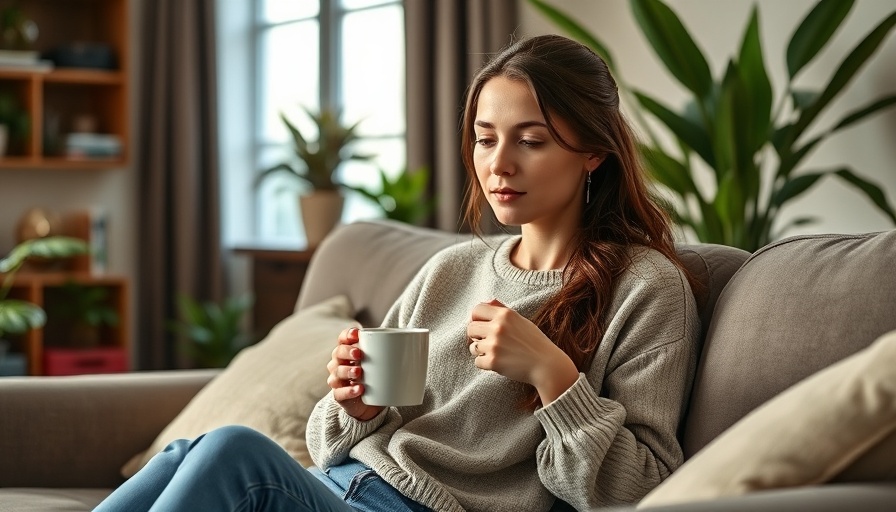 Thoughtful woman holding coffee cup, relaxing indoors, Swiss Water Process decaf coffee benefits