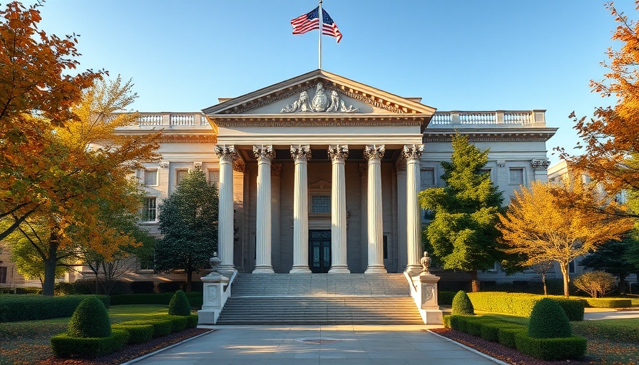 Neoclassical building with flags in soft lighting showcasing garden.