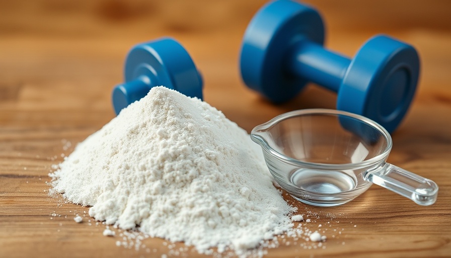Creatine powder and blue dumbbell on wooden surface.