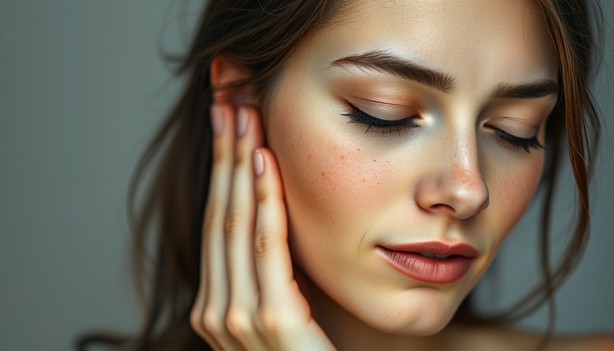 Calm woman gently massaging face, LED Under-Eye Treatment concept.