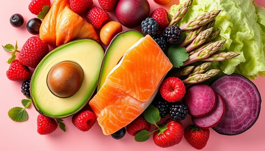 Nutritious foods for diets linked to longevity on pastel background.