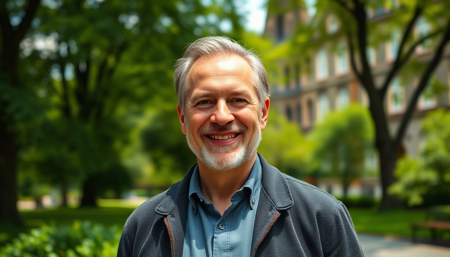 Mature man smiling outdoors in European park.