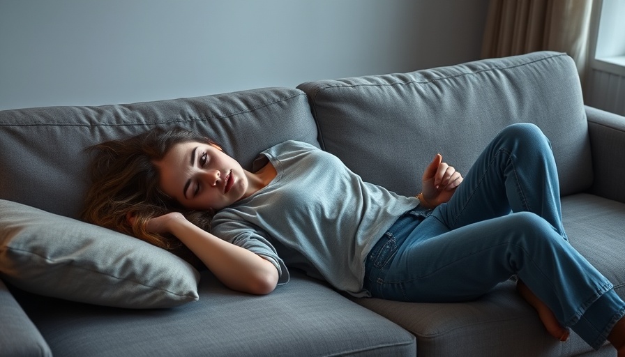 Stressed woman lying on a sofa, related to gut health and exercise motivation.