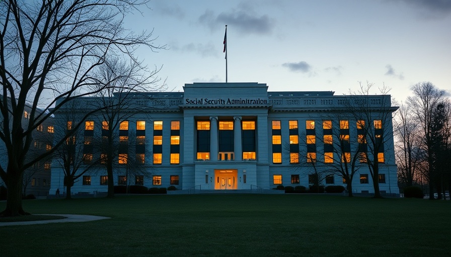 Dusk view of Social Security Administration building with glowing windows