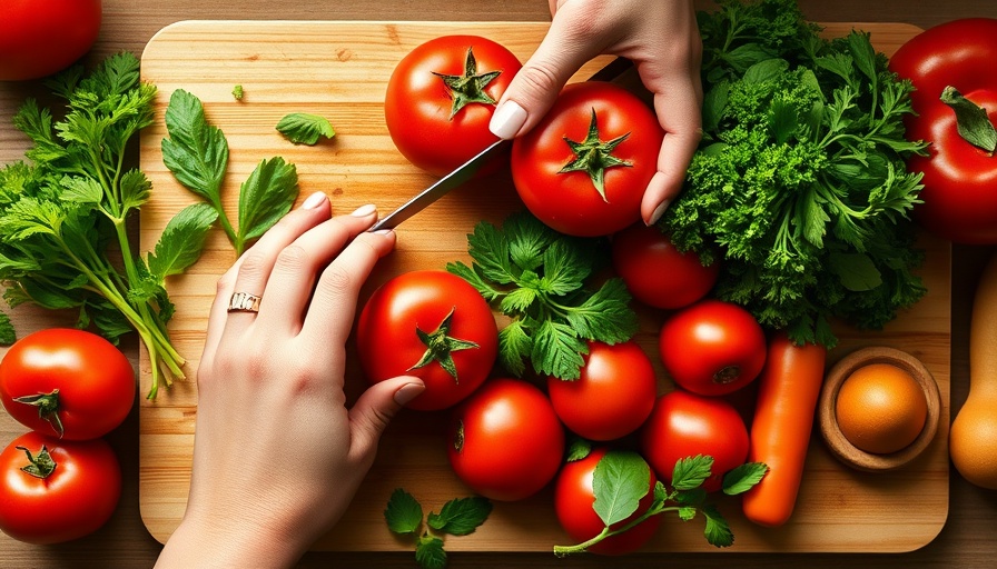 Fresh vegetables and herbs being prepared for cooking on a cutting board to lengthen your telomeres.
