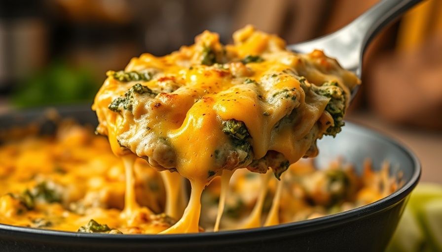 Golden cheesy creamy kale artichoke dip being lifted from pan.