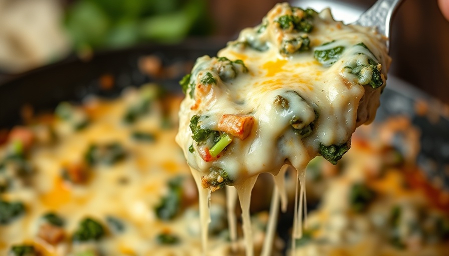 Savory kale artichoke dip recipe with melted cheese.