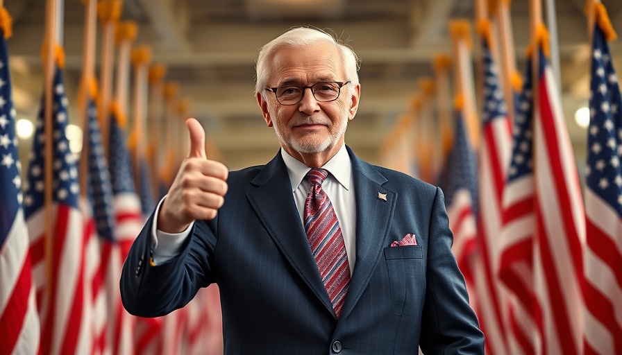 Man with thumbs up surrounded by American flags.