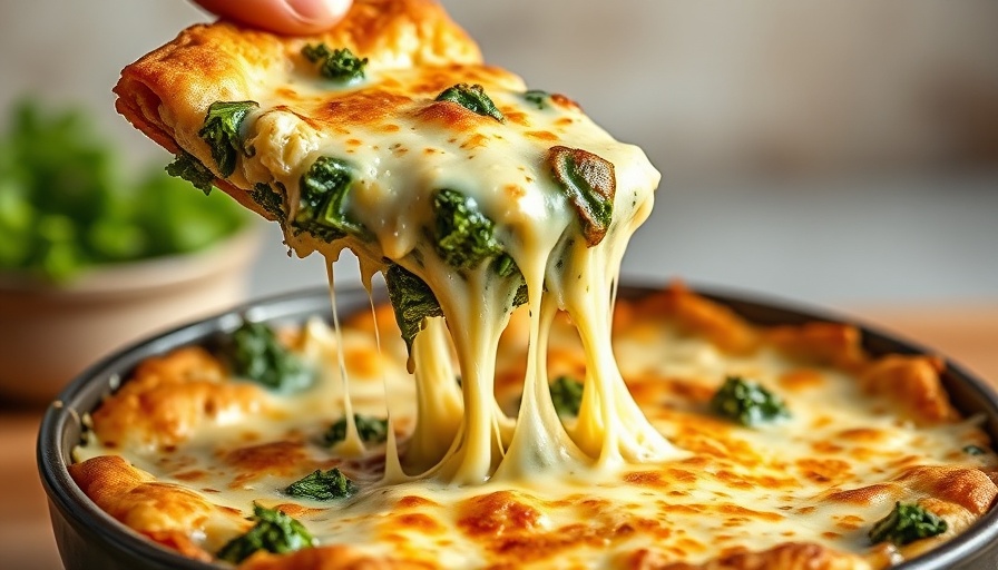 Delicious kale artichoke dip with melted cheese being served.